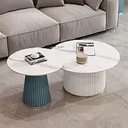 Marble Nesting Coffee Table Set of 2,Contemporary Accent Tables for Living Room Bedroom and Balcony,Elegant White and Blue Design