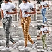 Men's Trousers Chinos Jogger Pants Plaid Dress Pants Pocket Straight Leg Plaid Comfort Breathable Casual Daily Streetwear Sports Fashion Yellow Blue Micro-elas