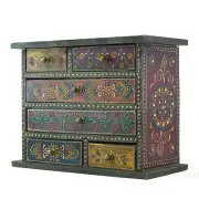 KraftsKala Wood Chest Drawer Box, Hand Painted Jewelry Trinket Ethnic Design Box