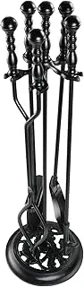 5 Pieces Fireplace Tools Sets Wrought Iron Firewood Kit with Handle Durable Tool Set and Holder for Fire Pit Stand Indoor Tong Shovel Pork Brush Firewood Accessories (Black)
