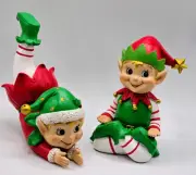 Christmas Santa Elf Elves Resin Vintage Inspired Figurine Set 2 6"