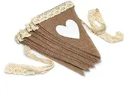 FQTANJU 12Pcs Vintage Heart Jute Burlap Bunting Banner Hessian Flag for Wedding Party Decoration White Lace 2.5m