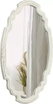 Vintage Sculpted Oval Mirrors for Wall Decor 23 Inch, Distressed White Ornate Ac