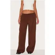 Chocolate Pinstripe Woven Drawstring Low Rise Relaxed Pants, Chocolate