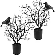 Small Potted Plants Black Tree with Crows for Table Decor - Black Spooky Branches for Halloween Home Indoor Office Party Centerpiece Fireplace Decor