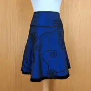 Phase Eight Skirt Satin Midnight Blue Black Flare Embroidered UK 10 - New