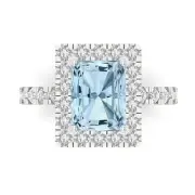 3.9ct Emerald Halo Natural Aquamarine Promise Bridal Wedding Ring 14k White Gold