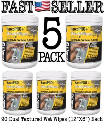 HarcoPRO+ Miracle Wipes 90 Wet Wipes 12x6” For Hands, Surfaces & Tools (5-PACK)