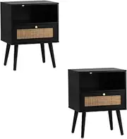 [OIKITURE] Bedside Table Set of 2 with Open Shelf and Rattan Drawer Side Table Black