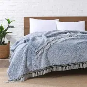 Ultra Soft Fleece Sherpa Blanket King King-104" x 90" Blue With Tassel