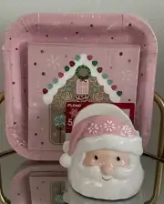 Pink Santa Ceramic Napkin Holder and Gingerbread Paper Plates & Napkins - NEW