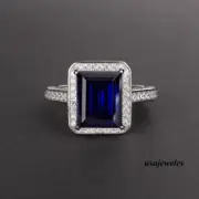 Genuine Sapphire 2.90CT Emerald Cut Wedding Jewelry Ring 14K White Gold Over