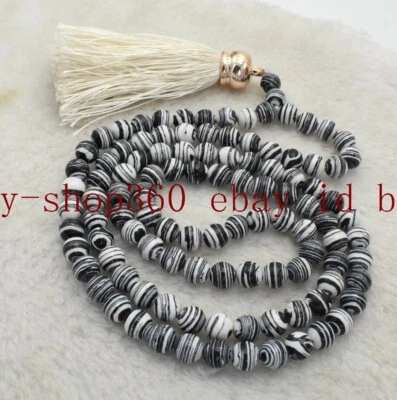 8mm Black White Striped Turquoise Tibet Buddhist 108 Prayer Beads Mala Necklace