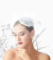 White Feather Mesh Wedding Fascinator Hat Derby Day Woman Headpiece Polka Dot