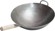 Chef specific wrought iron frying pan diameter 40cm height 12.5cm weight 2.1kg thickness 1.6 mm Heavy Hand Hammered Carbon Steel Pow Wok with Wooden and Steel Helper Handle(Diameter 38cm Cooking style