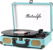 Record Player with Speakers 3-Speed Bluetooth Suitcase, Vintage Turntable (Blue)