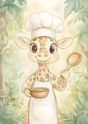 Giraffe in Chef Hat with Bowl & Spoon Nursery Kids Room Wall Art Print 8.5"x11"
