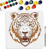 MAYJOYDIY Tiger Stencils 11.8×11.8inch Large Tiger Head Stencil with Paint Brush Reusable Tiger Face Wild Animal Stencil Template for Wood Canvas Fabric Wall Furniture Decor