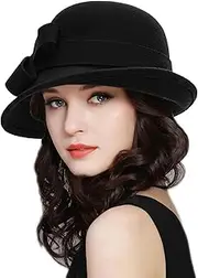 [INOGIH] Wool Derby Hat Round Cloche Hat for Men and Women Black Bowler Hat Upturn Brim Church Hat (S/M)