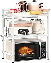 PUSDON Microwave Oven Rack, Adjustable Shelf Organizer 3-Tiers with 3 Hooks, & 160lbs Capacity for Kitchen Counter, White