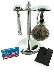 GBS CLASSIC DE SAFETY RAZOR 33C, Chrome Brush & Razor Stand, Razor Head Sleeve + 10 Blades