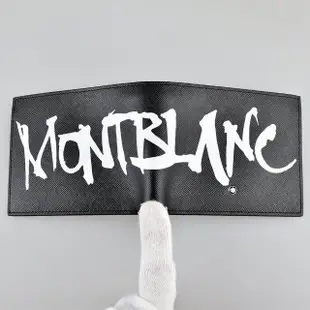 【MONTBLANC 萬寶龍】MONT BLANC SARTORIAL六角星LOGO毛筆塗鴉設計牛皮6卡對折短夾(黑x白字)