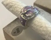 New-Vintage Cute Lavender Enamel Belt Ring With Rhinestones. Size 8