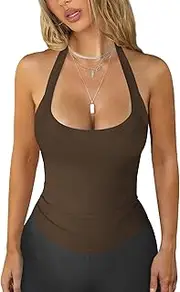 [Hragc] Womens Halter Top Deep Scoop Neck Low Cut Racerback Tank Top for Women Workout Ribbed Knit Fitted Sleeveless Cami Shirt