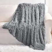YUSOKI Grey Faux Fur Throw Blanket,2 Layers,50" x 60", Gray Soft Fuzzy Fluffy Couch Blanket Plush Furry Comfy Warm Blanket for Bed Chair Sofa Bedroom Dog Cat Men