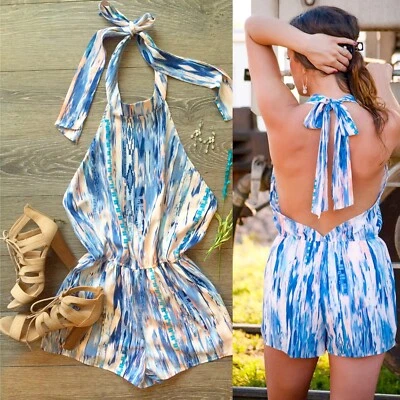 Carmela Boutique Pastel Watercolor Halter Tie Low Back Romper Size Medium