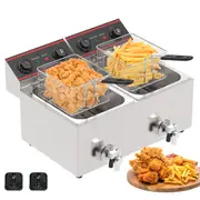 YOPOWER 16L Electric Deep Fryer, Commercial Deep Fryer with Double Basket, Independent Control Electric Fryer for Restaurant,2500W+2500W - Oil Valve - Two Adapters