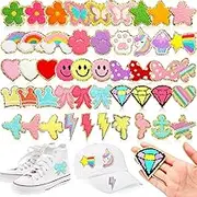 48 Pcs Iron on Patches Self Adhesive Chenille Patches for Backpacks Applique Patches Rainbow Heart Smile Face Star Flower Paw Embroidered Patch for Clothing Fabric Jackets Jeans Repair (Cute Style)