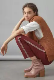 $130 Anthropologie Tapered Side Stripe Pants Sz 14 wine NWT