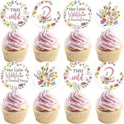 JOYMEMO 24 Pieces Wildflower 2nd Birthday Cupcake Toppers Girl - Flowers Two Wild Second Birthday Cake Decorations, Our Little Wildflower Is Turning Two Birthday Decor for 2 Year Old Garden Birthday