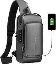 [BERZO] Men Sling Bag Pack with Lock Waterproof Anti-Theft Chest Bag with USB Charging Port Shoulder Bag Crossbody Backpack