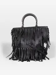 Black Leather Fringe Intrecciato Bag