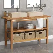 Generic Bathroom Vanity Cabinet with Cream Marble Sinks Solid Wood Teak,3096585