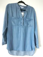 PURE NAVY M NEW Med. Blue Soft Lightweight LS Tab Sleeve Pop Over Blouse