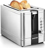 [Chefman] 2 Slice Toaster, 7 Shade Settings, Stainless Steel, 2 Slice with Extra-Wide Slots, Thick Bread and Bagel Toaster, Reheat, Defrost, Cancel, Lift Lever, Removable Crumb Tray