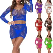 Women Long-Sleeve Mesh Perspective Fishnet Crop Bodysuit Top T Shirt Skirt Set