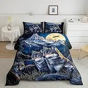 Castle Fairy Jungle Wolf Bedding Set King Size Fierce Wild Animal Comforter Set for Kids Teens Room Decor Nature Mountain Tree Woodland Duvet Insert Eagle Wildlife Down Comforter Set,3Pcs