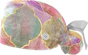 [WOSHJIUK] Working Hat 2 Pack Scrub Caps for Women,Vintage Watercolor Moroccan,Tie Back Cap Adjustable Scrub Hat