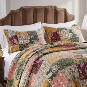 BEAUTIFUL XXXL OVERSIZED VINTAGE RED GREEN FLORAL PATCHWORK BEDSPREAD SET NEW!!