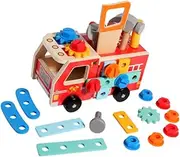 Ｓｉｍｈｏａ Kids Wooden Truck Tool Set, Pretend Play Tool Kit, Construction Set Sensory Toy for Boys Girls