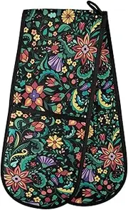 Colorful Abstract Flowers Double Oven Mitt Heat Resistant Non-Slip Kitchen Gloves Extra Long 7" x 35" for Cooking Baking Barbecue Grilling