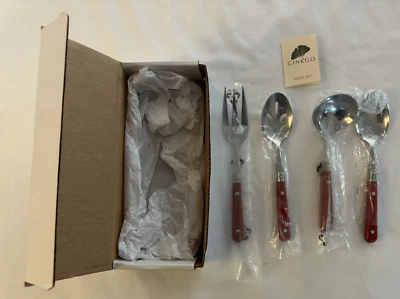NIB Ginkgo Le Prix Red 4-piece Hostess Set Spoon x2 Fork & Ladle