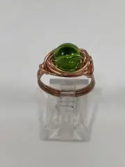 Handmade ~ Copper Wire Wrap ~ Green Glass Bead Ring ~ Size 6 #147
