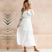 SHANGLIN Women Maxi Long Dress Off The Shoulder Lace Flare Sleeve Elegant Evening Party Boho Dress White