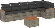 [vidaXL] 7-Piece Garden Sofa Set - Grey Poly Rattan Modular Outdoor Furniture with Cushions, Acacia Tabletop, for Patio/Terrace/Backyard