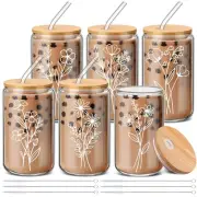 6 Pcs Wildflower Glass Cups with Lids and Straws Bridesmaid Proposal Gifts 16...